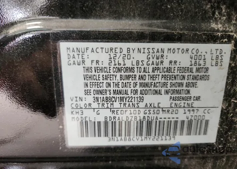 2021 Nissan Sentra Sv from USA, damaged, VIN 3N1AB8CV1MY221139